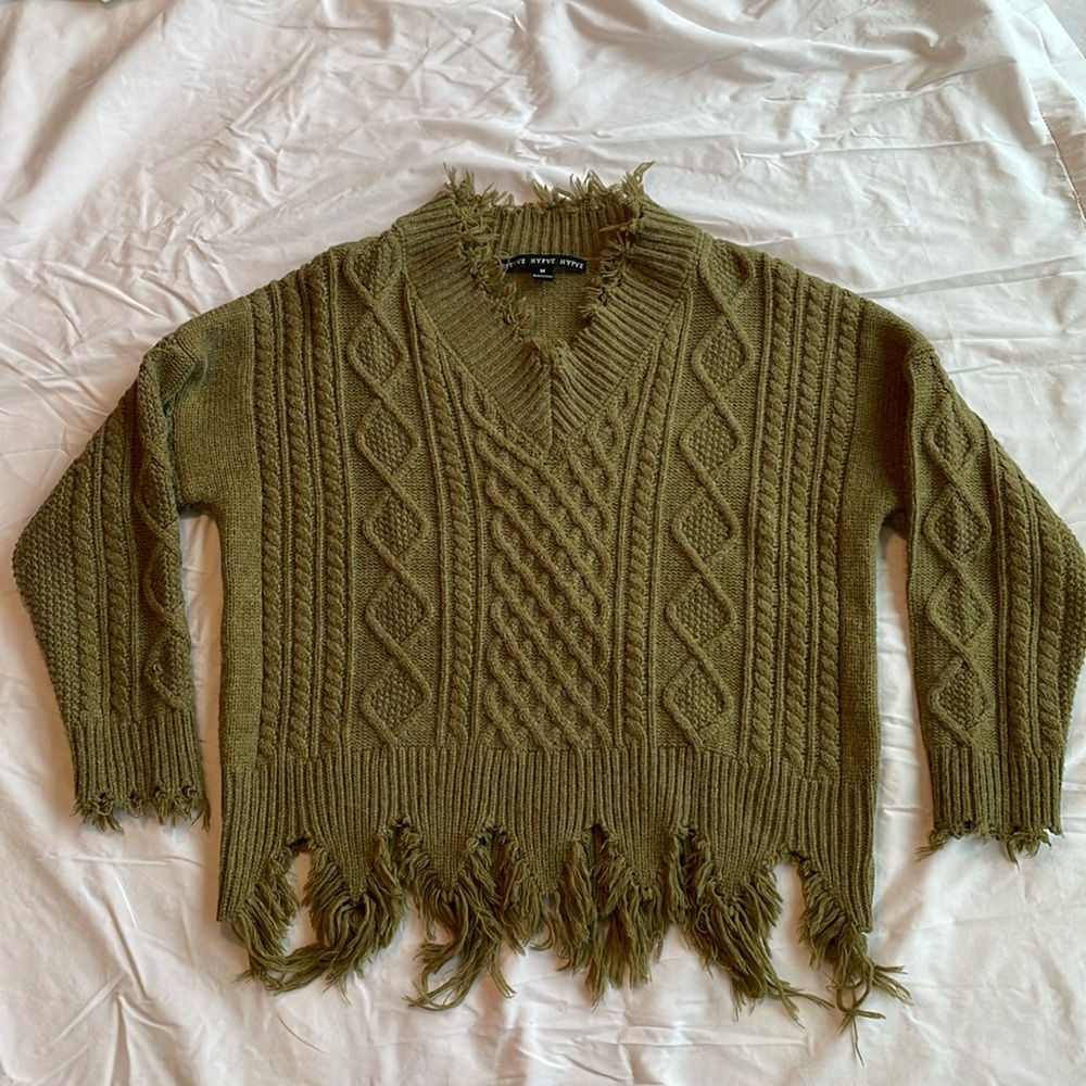 NEW Hyfve M Green Distressed Cable V Neck Boho Sweater Soft Cozy